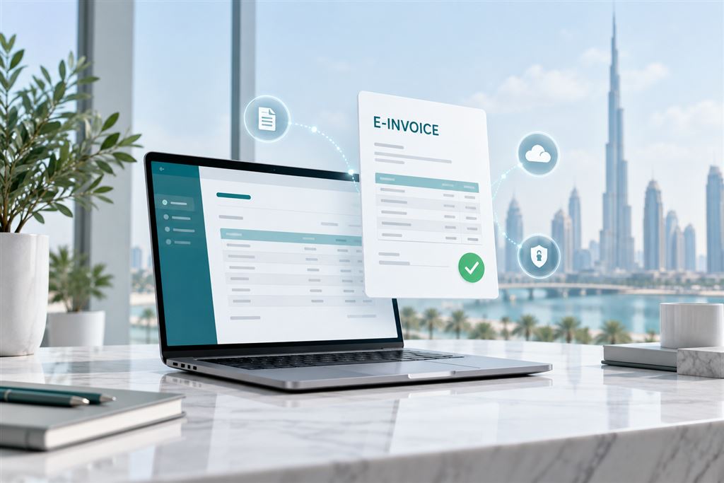 UAE e-invoicing illustration with a digital invoice, laptop and Dubai skyline